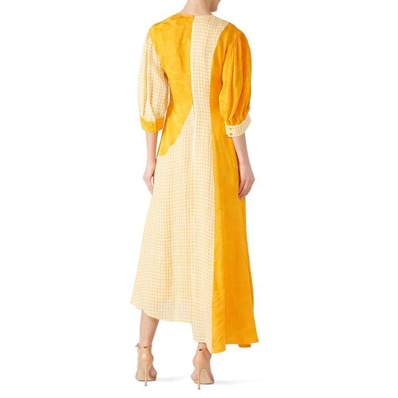 REJINA PYO Marigold Yellow Dylan Asymmetrical Paneled Checkered Linen Dress 12 - Picture 3 of 16